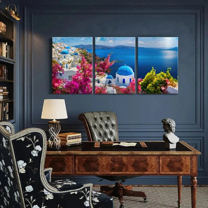 3pcs Santorini Landscape White Buildings Metal Print Ready to Hang Art