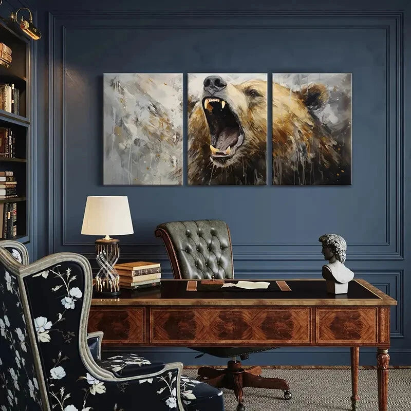 3pcs Artistic Bear Roar Abstract Wildlife Metal Print Ready to Hang Art