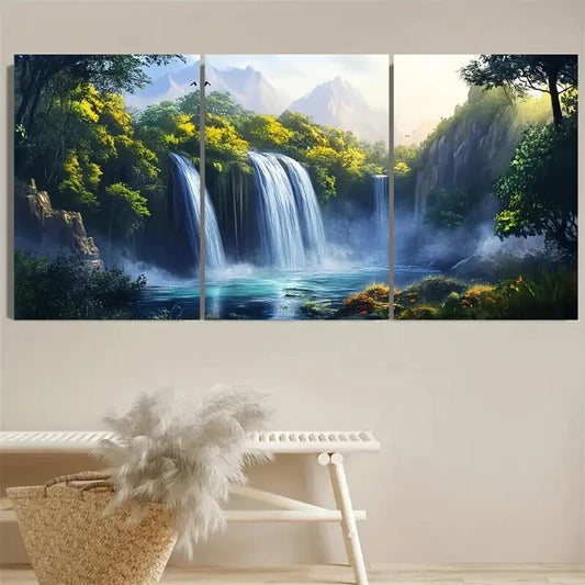 3pcs Enchanting Fantasy Waterfall Forest Design Metal Print Ready to Hang Art