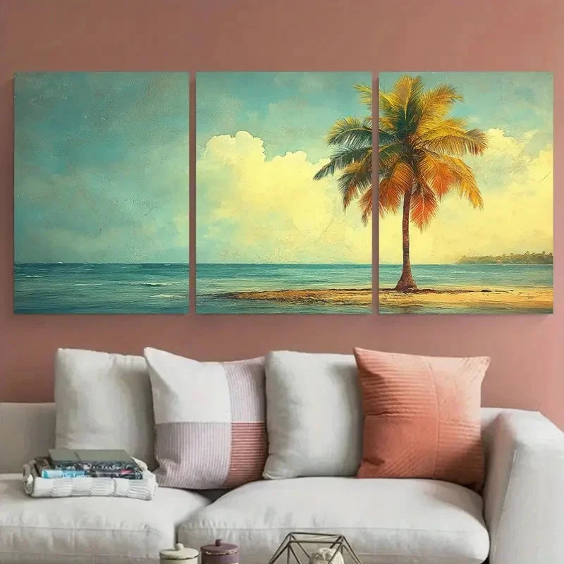 3pcs Minimalist Tropical Oasis Palm Tree Design Metal Print Ready to Hang Art