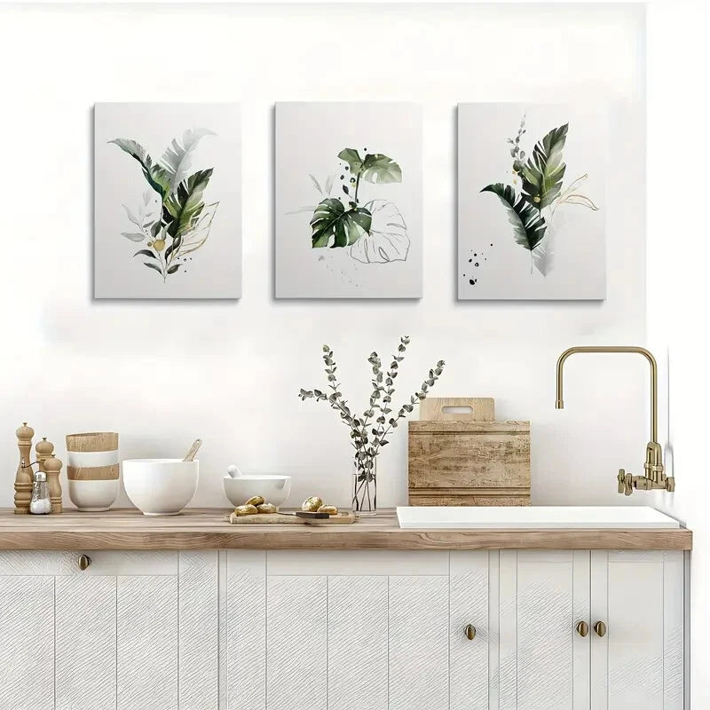 3pcs Featuring Green Plant Designs Minimalist Metal Print Ready to Hang Art