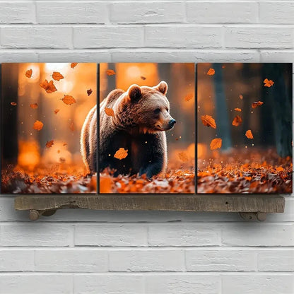3pcs Bears in the Forest Scenery Golden Leaves Metal Print Ready to Hang Art