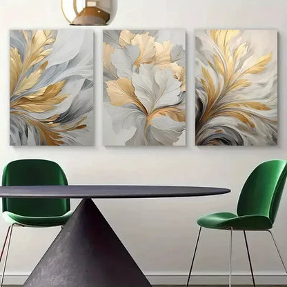 3pcs Golden and White leaf Abstract Wall Art Set Canvas Unframed - High Quality Print 100% Australian Made Wall Canvas