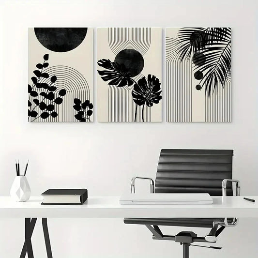 3pcs Modern Black & White Geometric Plant Metal Print Ready to Hang Art