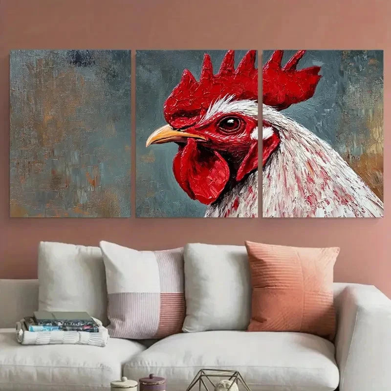 3pcs Rooster Painting Farm Animal Design Wall Art Set Canvas Framed 50x70cm - High Quality Print 100% Australian Made Wall Canvas Ready to Hang