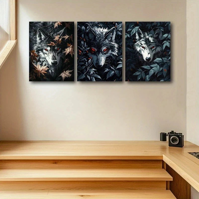 3pcs Red Eyes Wolves with Autumn Leaves Metal Print Ready to Hang Art