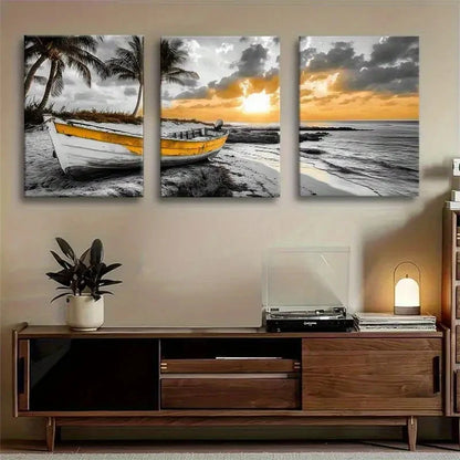 3pcs Black and White Yellow Coastal Style Metal Print Ready to Hang Art