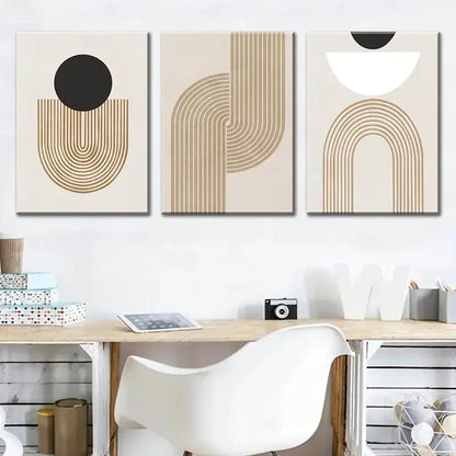 3pcs Bohemian Abstract Black Beige and Golden Metal Print Ready to Hang Art