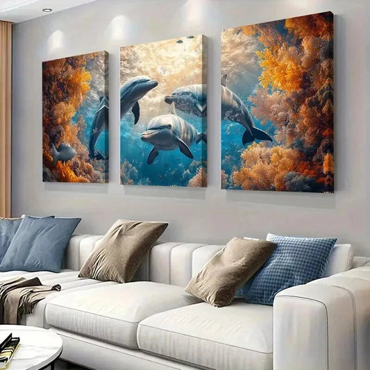 3pcs Coral Reef Symphony with Dolphins Wall Art Set Canvas Framed 40x60cm - High Quality Print 100% Australian Made Wall Canvas Ready to Hang