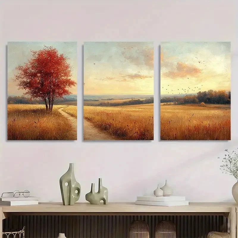 3pcs Vintage Rustic Autumn Landscape Perfect Wall Art Set Canvas Framed 40x60cm - High Quality Print 100% Australian Made Wall Canvas Ready to Hang.