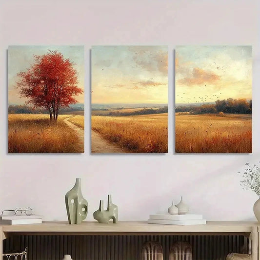 3pcs Vintage Rustic Autumn Landscape Perfect Wall Art Set Canvas Framed 40x60cm - High Quality Print 100% Australian Made Wall Canvas Ready to Hang.