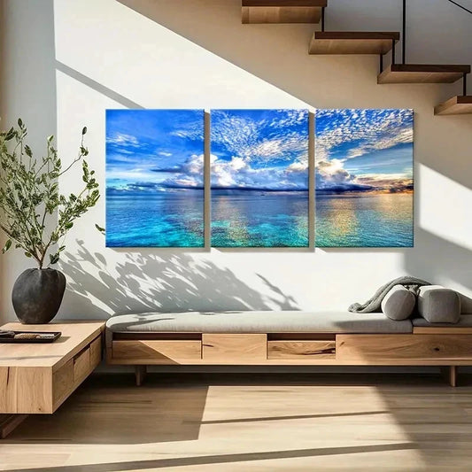 3pcs Blue Sky White Clouds Sea Natural Wall Art Set Canvas Framed 40x60cm - High Quality Print 100% Australian Made Wall Canvas Ready to Hang
