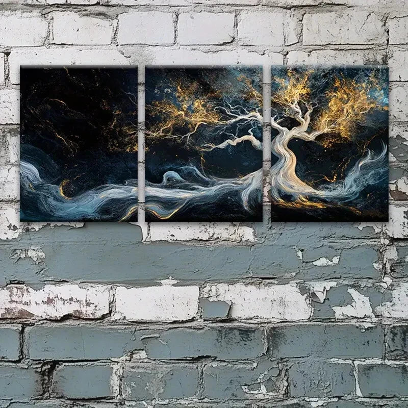 3pcs White Tree with Golden Accents Metal Print Ready to Hang Art