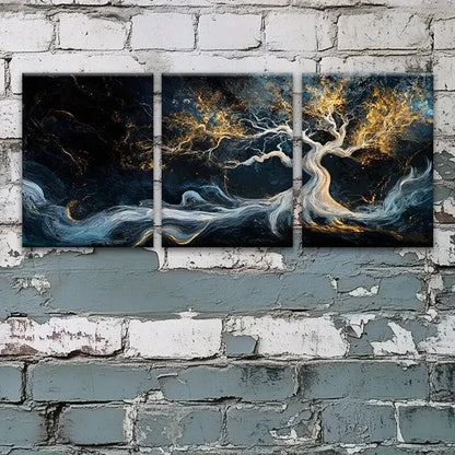 3pcs White Tree with Golden Accents Metal Print Ready to Hang Art