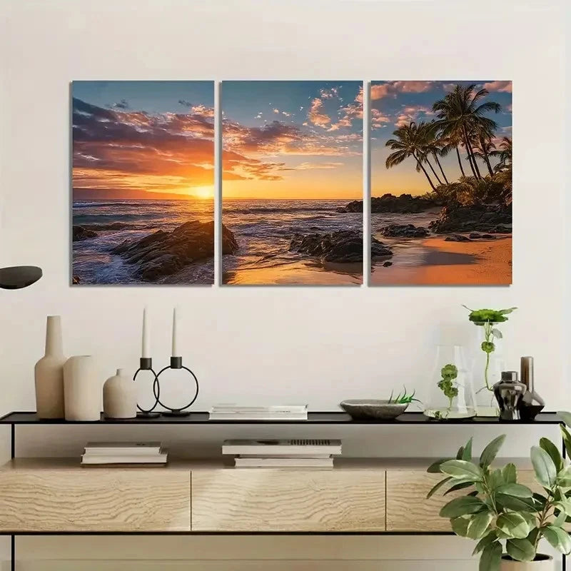 3pcs Sunset Over The Ocean in Hawa Painting Metal Print Ready to Hang Art