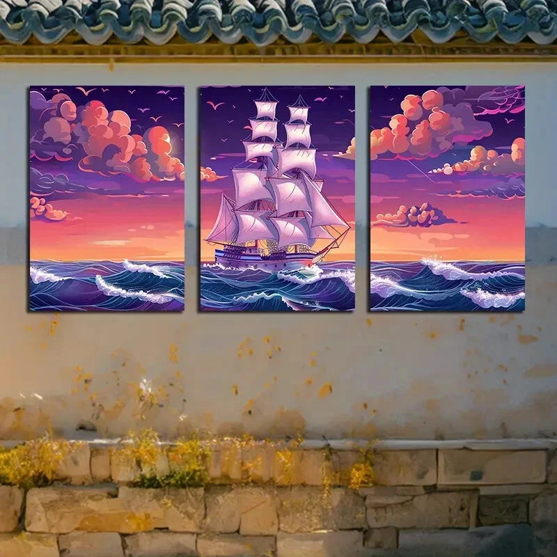 3pcs Mystical Sailboat at Sea Nautical Design Metal Print Ready to Hang Art