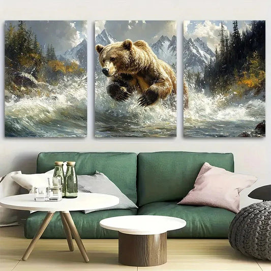 3pcs Majestic Mountains Grizzly Bear Fishing Metal Print Ready to Hang Art