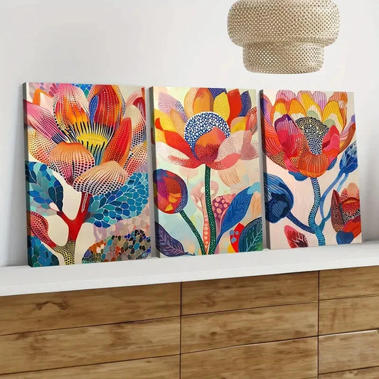 3pcs Colorful Blooming Flowers Botanical Red Wall Art Set Canvas Framed 40x60cm - High Quality Print 100% Australian Made Wall Canvas Ready to Hang