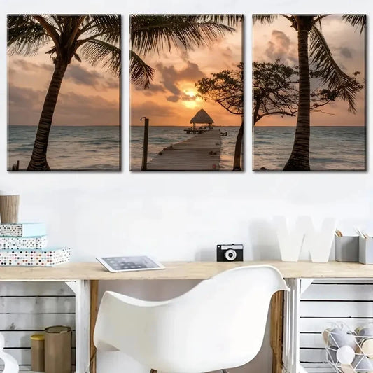 3pcs Sea Bridge Ocean Sea Sea Sunset Landscape Metal Print Ready to Hang Art