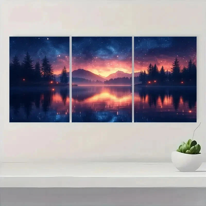 3pcs Pine Trees & Mountain Night Sky Landscape Metal Print Ready to Hang Art