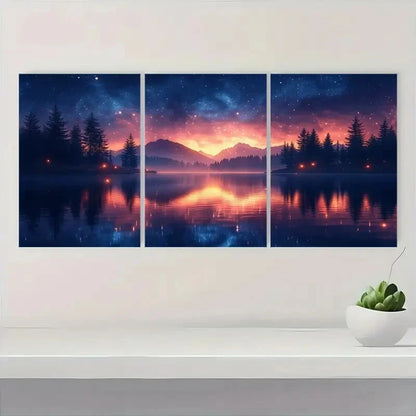 3pcs Pine Trees & Mountain Night Sky Landscape Metal Print Ready to Hang Art