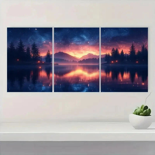 3pcs Pine Trees & Mountain Night Sky Landscape Metal Print Ready to Hang Art