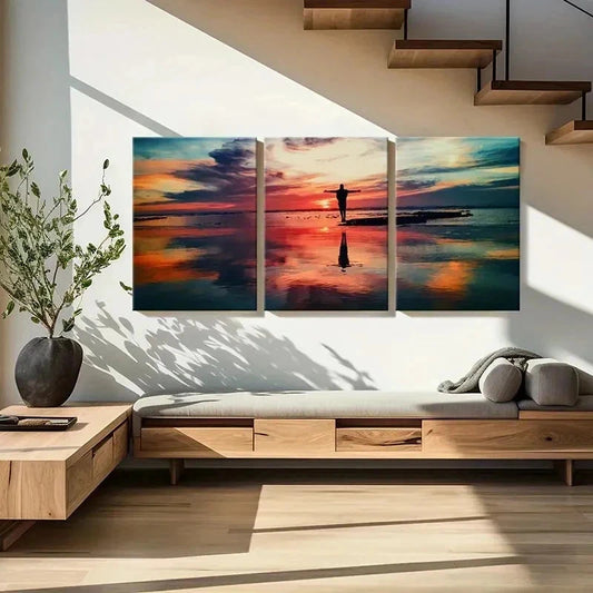 3pcs Man in the Beach at Sunset Wall Art Set Canvas Framed 40x60cm - High Quality Print 100% Australian Made Wall Canvas Ready to Hang