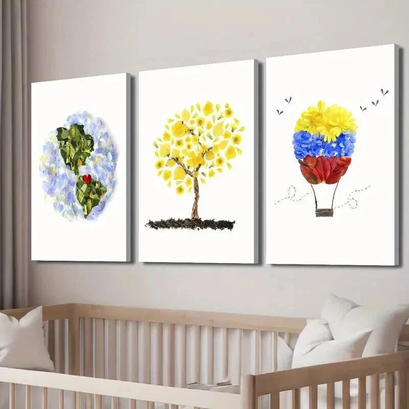 3pcs Floral Hot Air Balloon Colorful Leaf Flower Wall Art Set Canvas Framed 40x60cm - High Quality Print 100% Australian Made Wall Canvas Ready to Hang