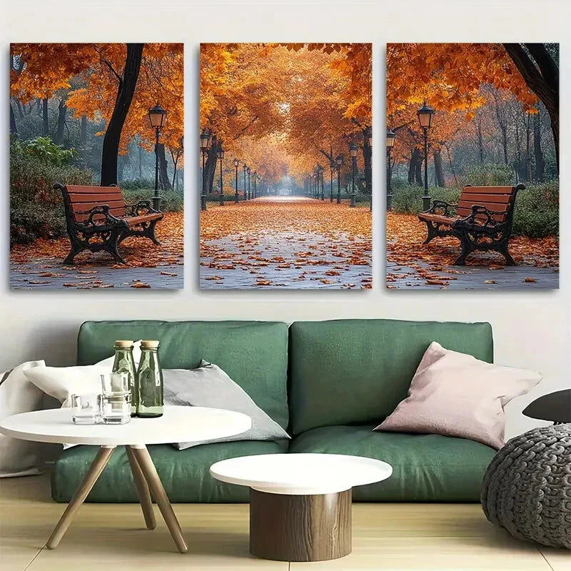 3pcs Vibrant Fall Leaves & Benches Scene Metal Print Ready to Hang Art