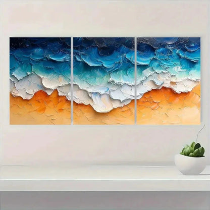 3pcs Vibrant Ocean Waves & Sandy Shore Scene Metal Print Ready to Hang Art
