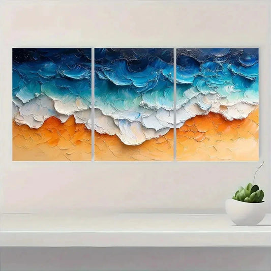 3pcs Vibrant Ocean Waves & Sandy Shore Scene Metal Print Ready to Hang Art