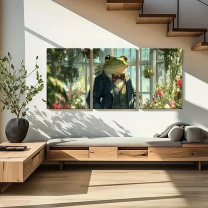 3pcs Elegant Frog in Suit Vintage Botanical Garden Metal Print Ready to Hang Art