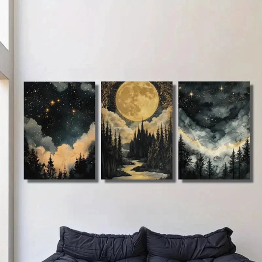 3pcs The woods under the stars, the moonlight Metal Print Ready to Hang Art