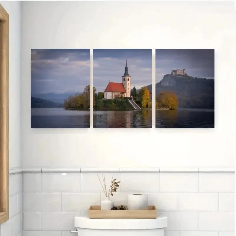 3pcs Lake Church Mountain Autumn Trees Metal Print Ready to Hang Art