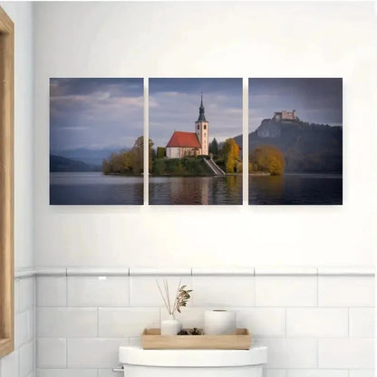 3pcs Lake Church Mountain Autumn Trees Metal Print Ready to Hang Art