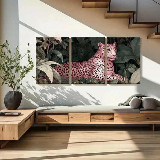 3pcs Pink Leopard Jungle Scene Exotic Wildlife Metal Print Ready to Hang Art