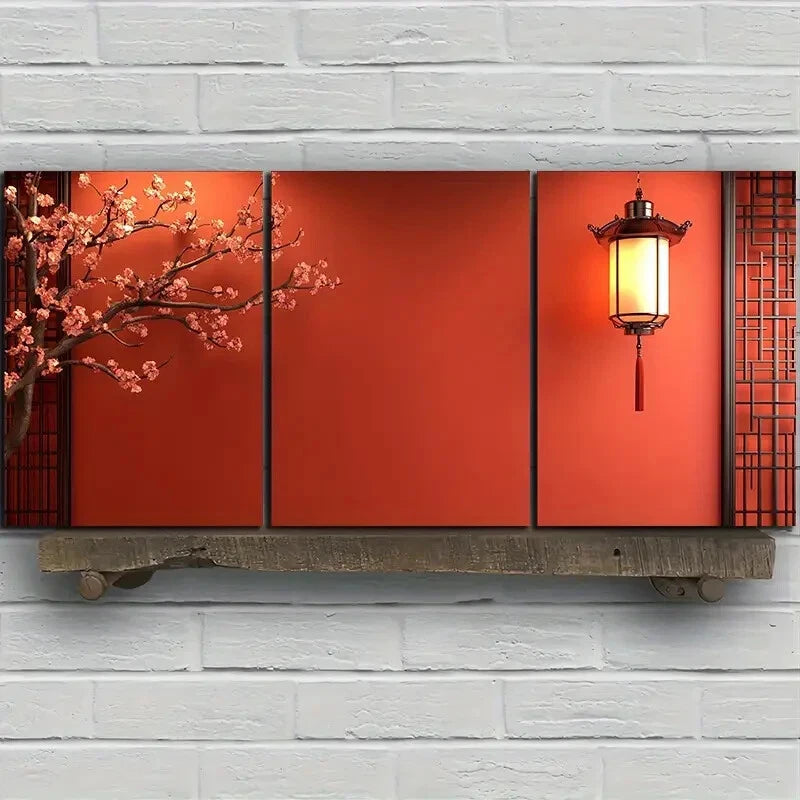3pcs Red Plum Blossoms And Lanterns Metal Print Ready to Hang Art