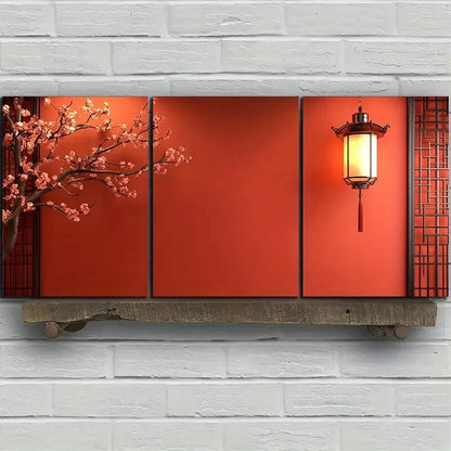 3pcs Red Plum Blossoms And Lanterns Metal Print Ready to Hang Art