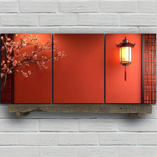 3pcs Red Plum Blossoms And Lanterns Metal Print Ready to Hang Art
