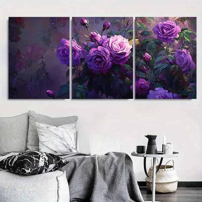 3pcs Purple Vibrant Botanical Floral Painting Wall Art Set Canvas Framed 60x90cm - High Quality Print 100% Australian Made Wall Canvas Ready to Hang
