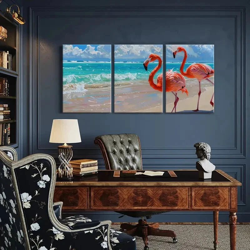 3pcs Flamingo Ocean Beach Sky Animal Art Metal Print Ready to Hang Art