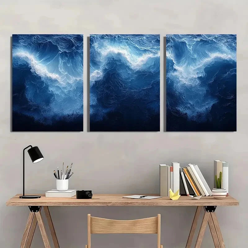 3pcs Abstract Blue White Ocean Art Print Metal Print Ready to Hang Art