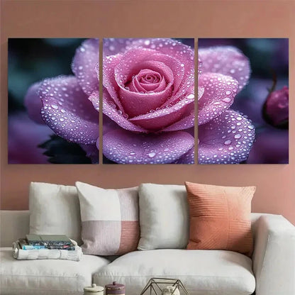 3pcs Pastel Violet Rose with Water Droplets Metal Print Ready to Hang Art