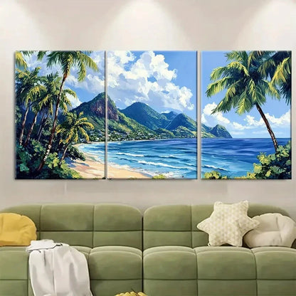 3pcs Vibrant Caribbean Palm Trees & Ocean Metal Print Ready to Hang Art