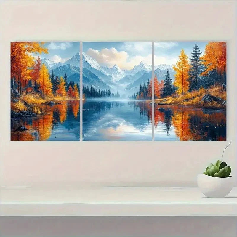 3pcs Autumn Scenery with Snow-Capped Peaks Metal Print Ready to Hang Art