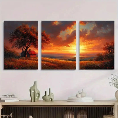 3pcs Rustic Sunset Featuring Cabin & Hilltops  Wall Art Set Canvas Framed 40x60cm - High Quality Print 100% Australian Made Wall Canvas Ready to Hang