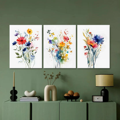 3pcs Colorful Watercolor Wildflower Bohemian Metal Print Ready to Hang Art
