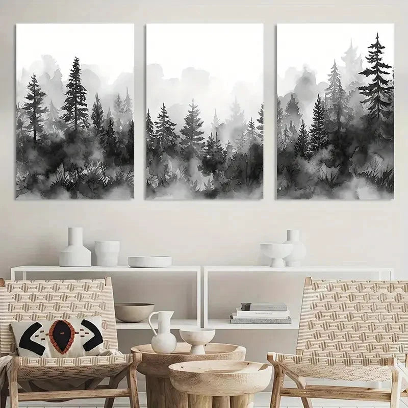 3pcs Poster Black White Forest Landscape Metal Print Ready to Hang Art