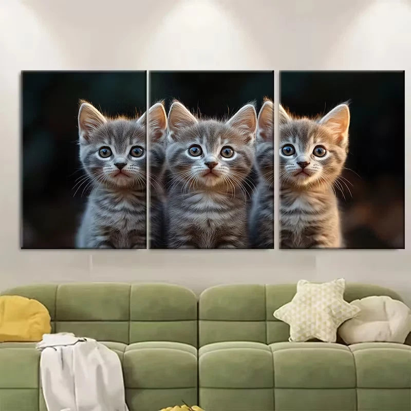 3pcs Fluffy Grey Cats with Blue Eyes Metal Print Ready to Hang Art