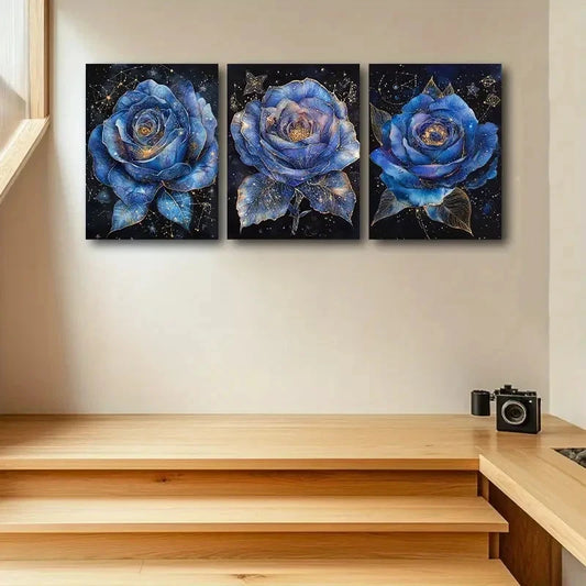 3pcs Elegant Blue Rose Trio Accents Detailed Petal Metal Print Ready to Hang Art